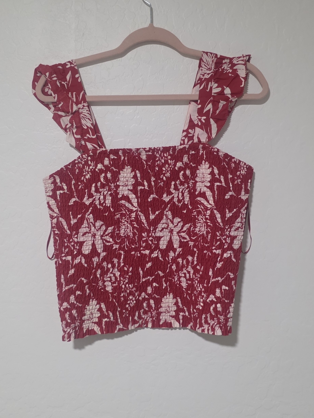 Smocked Floral Tank Top with Ruffle Straps - Red